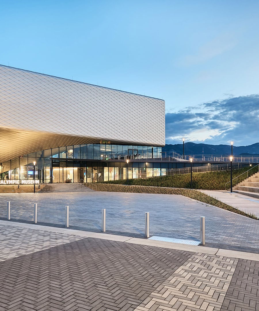 Entrance plaza of US Olympic Museum in Colorado Springs