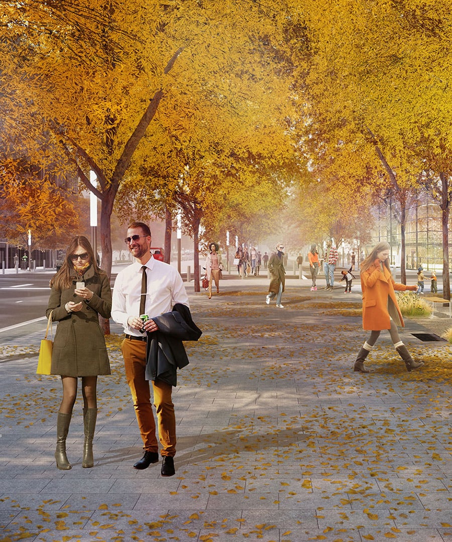 People on a sidewalk on Vermijo Street in Colorado Springs during fall