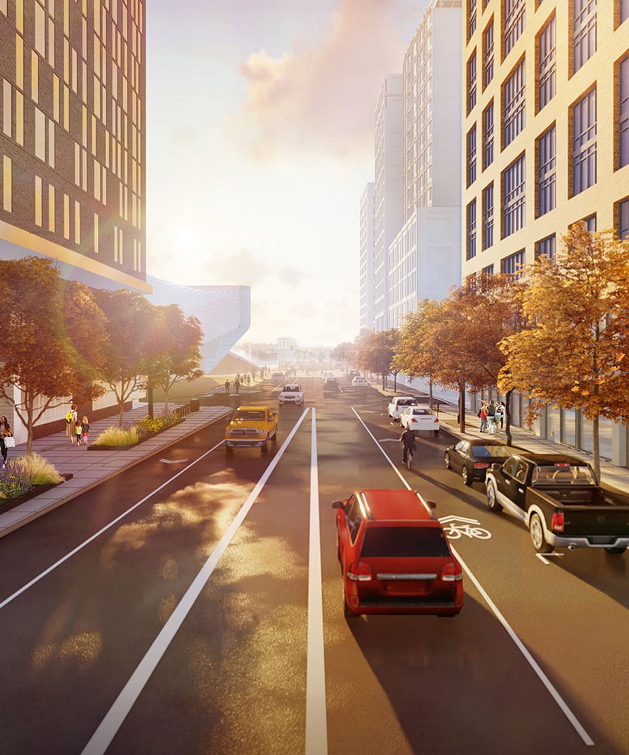 Digital rendering of cars driving on Sierra Madre Street in Colorado Springs at sunset