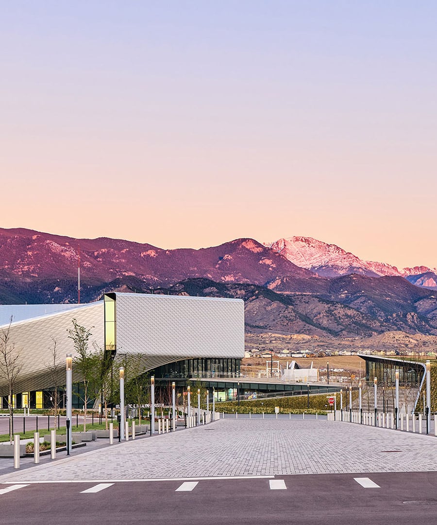 Street view of US Olympic Museum plaza and entryways