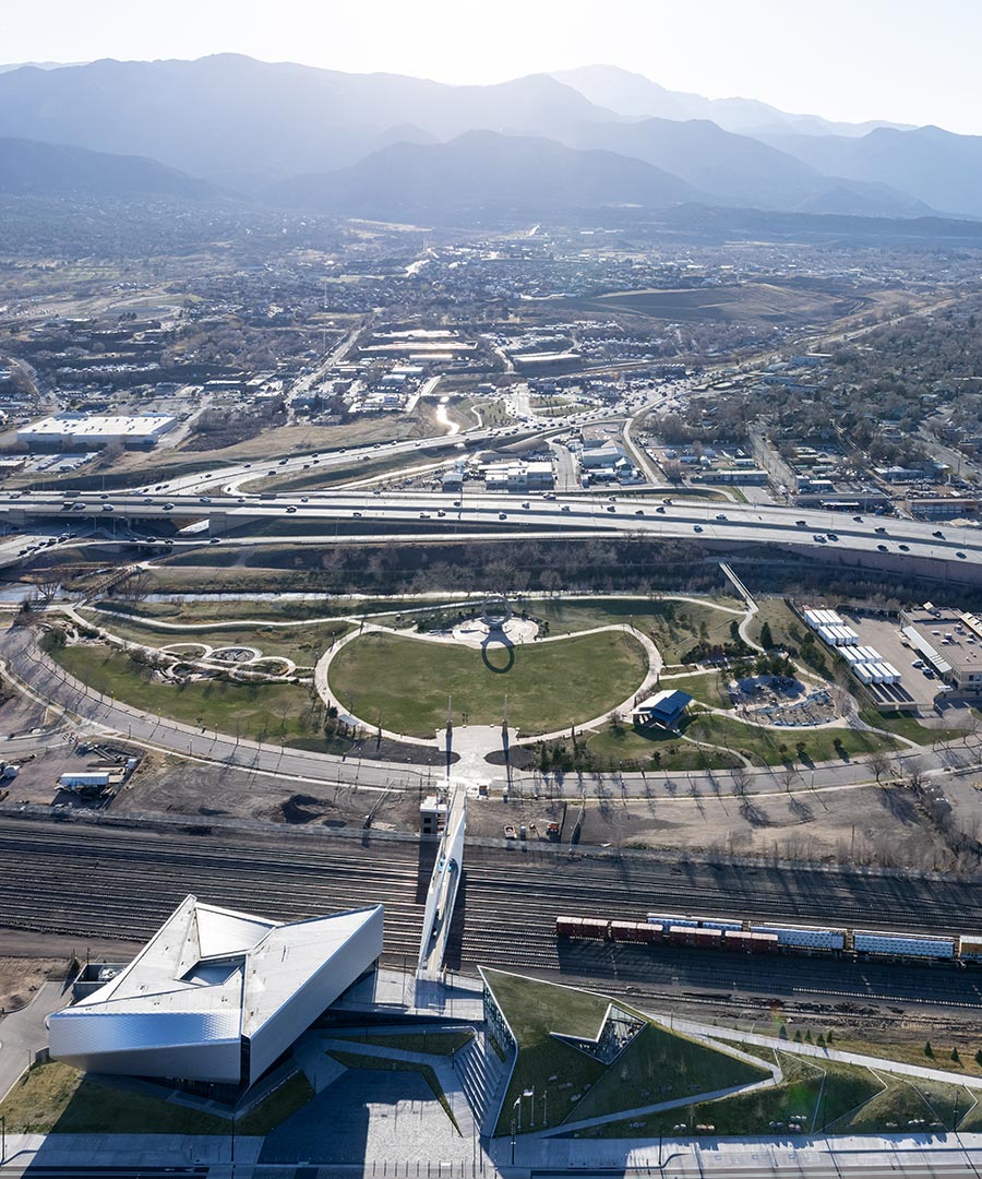 Aerial view of US Olympic Museum area with mountain backdrop